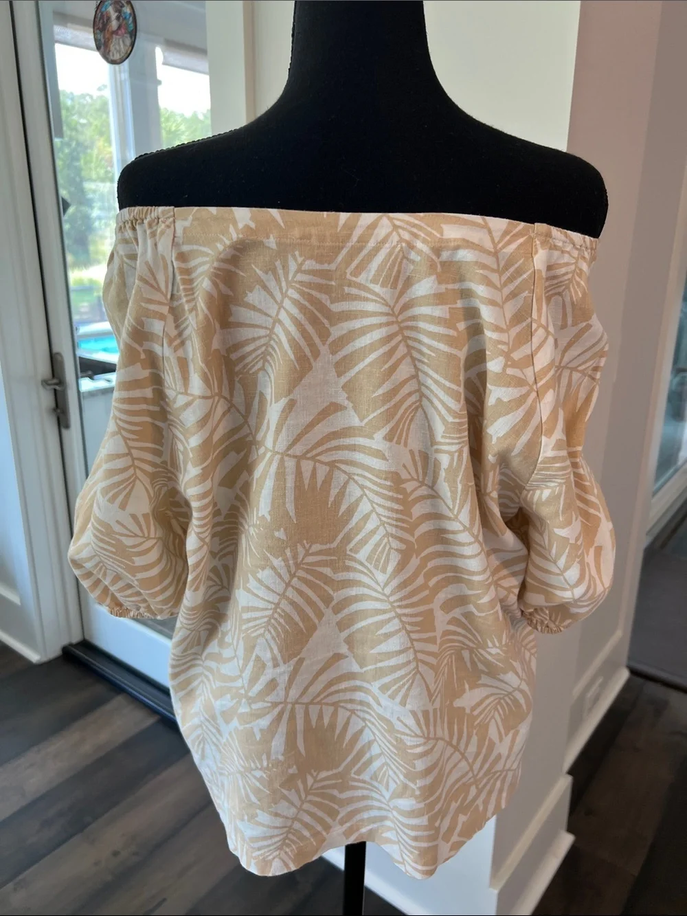 LOFT Cream and Beige Palm-Print Boatneck Blouse